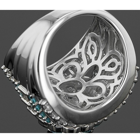 Silver Cocktail Ring Engagement Ring Round CZ Center with Halo, White & Blue CZ - Picture 6 of 16